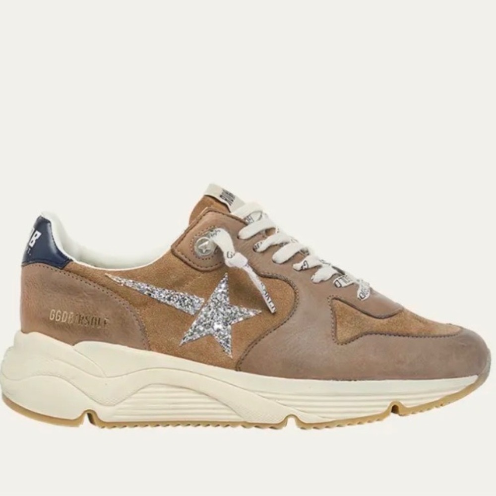 Golden Goose Marathon Running Sneakers Silver Glitter Star Brown Suede 38 NWB